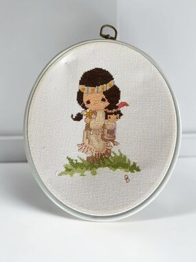 Vintage Precious Moments Inspired Cross Stitch Oval Hoop Wall Art